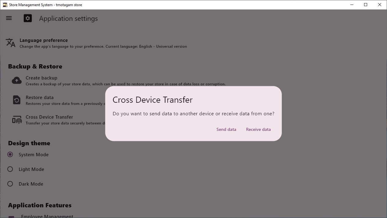 Cross Device Transfer dialog which asks user if they want to send data or receive data