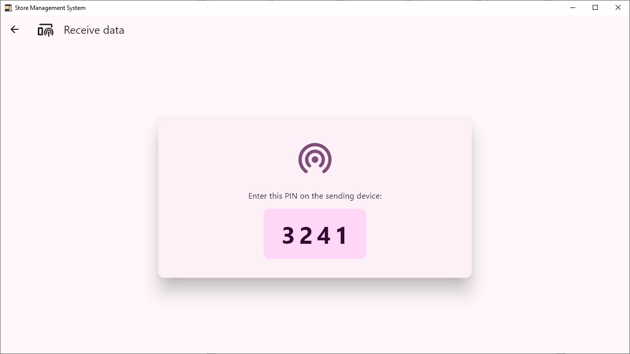 A Receiving data screen with security pin that the user has give to the sender